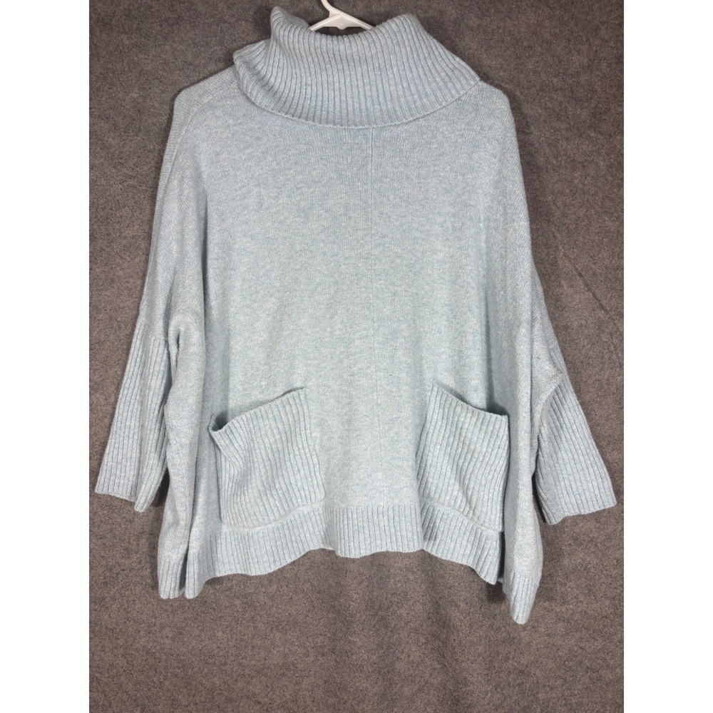 LOFT‎ Womens Light Blue Marled Turtleneck Poncho Sweater Pockets FA21 569771 L